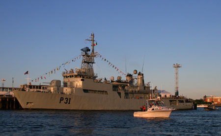 The US Coast Guard Auxiliary and the Massachusetts Environmental Police enforce a safety zone around the Irish warship 'LÉ Eithne'