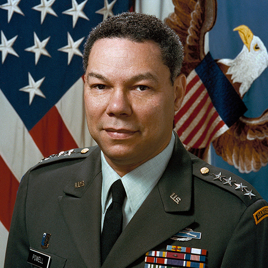 Army portrait of Colin Powell shows him in full uniform in front of an American flag