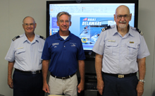Public Education instructor Andy Smith (r) offered a Delaware State-sponsored Boating Safety class to 14 University of Delaware students at the Hugh R. Sharp campus in Lewes Delaware. Andy’s lively and often humorous presentation concluded with everyone completing the state test and gaining their Delaware Boating certificate. Pictured (l-r) CG Auxiliary Vessel Examiner Bill Tower, Jon Swallow, Captain NOAA (Ret.), Director of University of Delaware Marine Operations, and CG Auxiliary Lead Instructor, Andy Smith.
