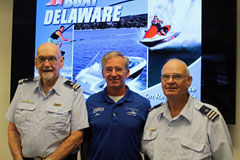 The Delaware State Course was conducted by (l-r) Coast Guard Auxiliary Flotilla 12-09 Public Education Instructor Andy Smith, University of Delaware Director of Marine Operations, Jon Swallow and CGAux Vessel Examiner, Bill Tower. Also assisting but not shown, John Ballantyne, CGAux Communication Services.