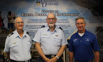 (L) Auxiliary Vessel Examiner Bill Tower; Public Education Officer Andy Smith; and Delaware University Director of Marine Operations, Jon Swallow.