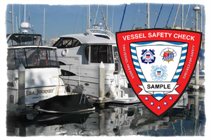 Boats in marina, sample picture of Vessel Safety Check sticker