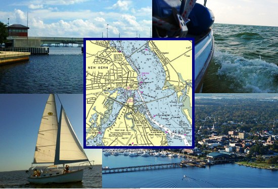 Composite photo showing the Neuse and Trent Rivers and map of New Bern