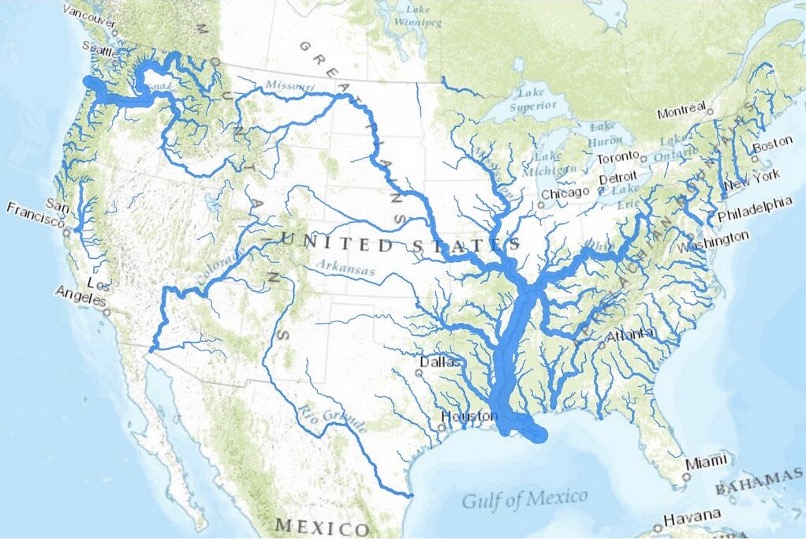 United States map showing the major internal waterways