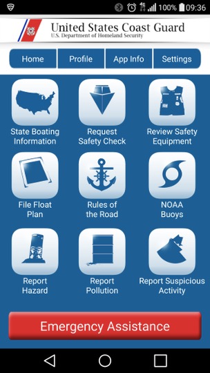 The front page of the Coast Guard smart phone application