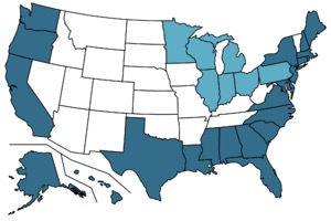 United States Map showing the states with the greatest coastal waters