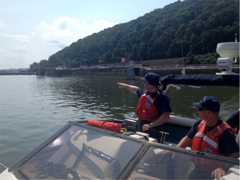 John Franko points out areas of concern of the Lock and Dam on the Ohio River