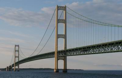 View of two spires of Mackinaw Bridge on a sunny day 