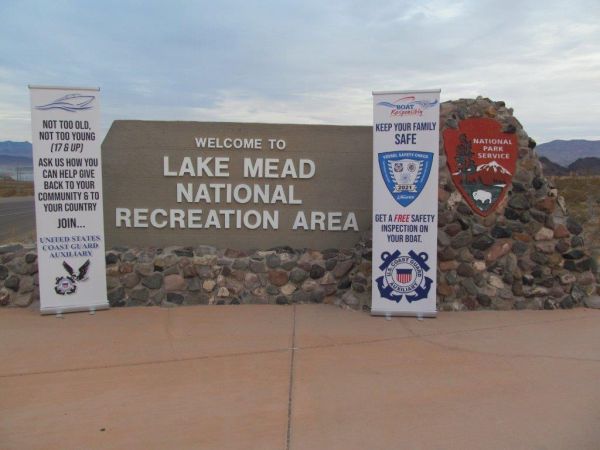 Lake Mead sign with banners