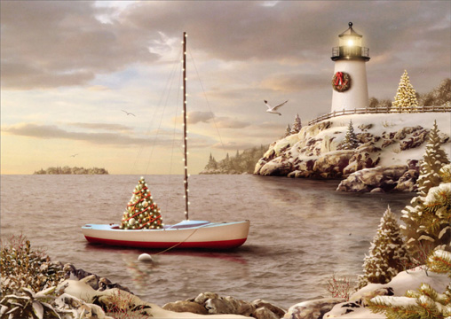 Christmas boat by a lighthouse