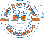 Kids Don't Float logo: two children in a boat wearing life jackets with the slogan Kids Don't Float, Life Jackets Do