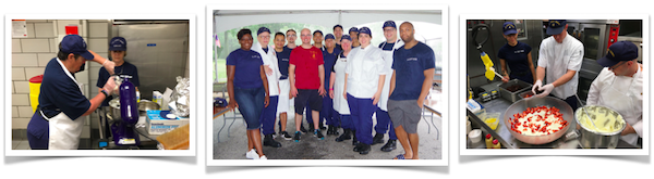 Images of Aux Food Services Team and Active Duty Culinary Services Team Cooking Together