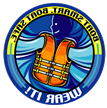 A blue circle with a life jacket on it  Description automatically generated