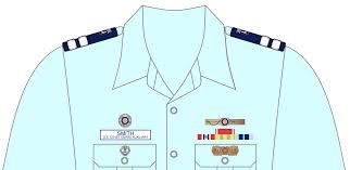 This illustrates how ribbons and name tags are displayed on a man's top