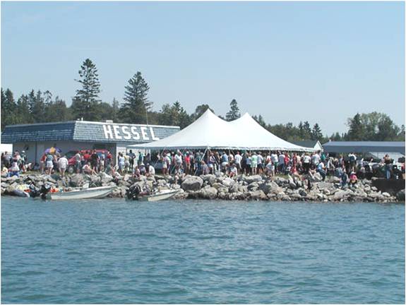 The Hessel, Michigan marina at the time of a festival. There seems to be hundreds of people thers