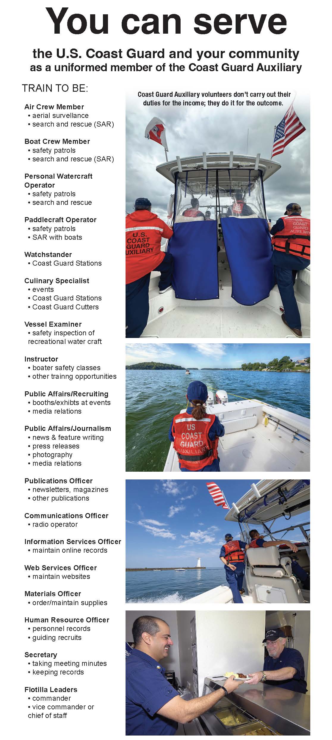 Recruiting for air crew, boat crew, personal watercraft operator, watchstander, culinary specialist, vessel examiner, instructor, public affairs (recruiting and journalism), publications, IS, webmasters materials officer, HR, secretary, flotilla leaders