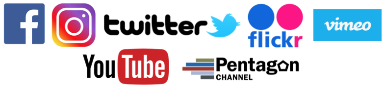 Multiple images of Social Media Icons, Facebook, Instagram, Twitter, Flicker, Vimeo, YouTube and Pentagon Channel